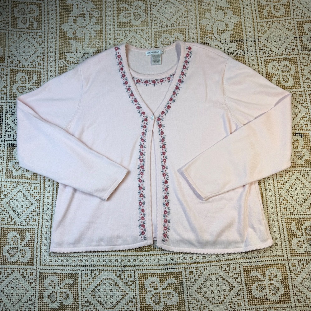 Claudia D. Womens XL Pink Floral Embroidered Cardigan & Attached Shirt  Sweater